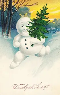Snowing Prints: Snowman on a Polish Christmas postcard