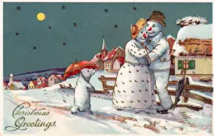 Snowman Prints: Snowman and snow woman on a Christmas postcard
