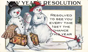 Snowman Prints: Snowman and snow woman on a New Year postcard