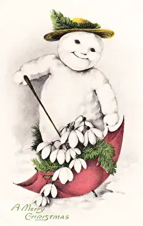 Snowman Prints: Snowman with umbrella on a Christmas postcard