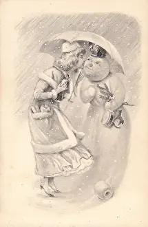 Snowman and young woman on a Christmas postcard