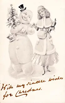 Snowman Prints: Snowman and young woman on a Christmas postcard