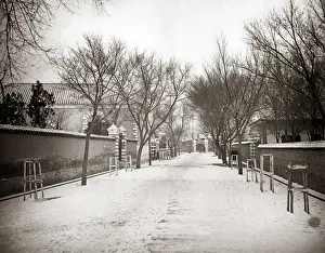 Snowy street in Tienstin (Tianjin) China, circa 1880s