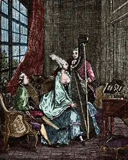Harper Prints: Society. 18th century. Musician. Harpist. Engraving. Colored