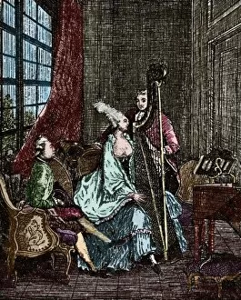 Society. 18th century. Musician. Harpist. Engraving. Colored