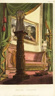 Sofa, monopodium, sculpture, urns, painting and draperies in
