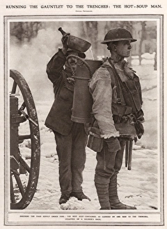Soldier carrying hot soup to trenches, World War One Soldier carrying hot soup to trenches, World War One