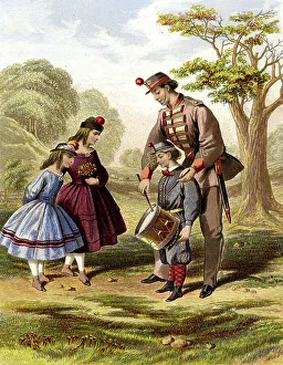 Sentimental Prints: Soldier father teaching his son to play the drum