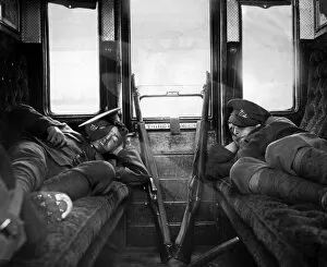 Images Dated 2nd February 2012: Soldiers asleep in railway carriage during rail strike