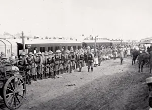Soldiers and Chinese at train station, Peking, Beijing, 1900