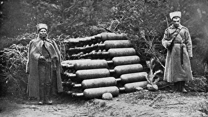 Images Dated 11th May 2017: Two soldiers with gas canisters, eastern front, Russia, WW1