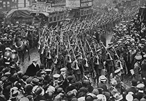 Soldiers marching along, Commercial Rd, London, WW1
