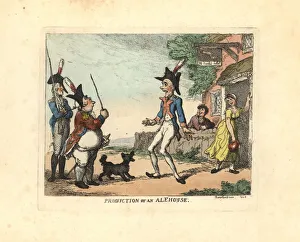 Satire Collection: Three soldiers in uniform parading outside a tavern