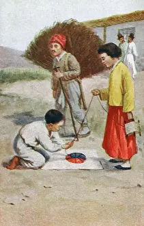 Kite Prints: South Korea - Children making a Ying Yang design Kite