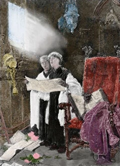 Ilustracion Gallery: Spain. Altar server singing. Essay. Engraving, 1886. Colored