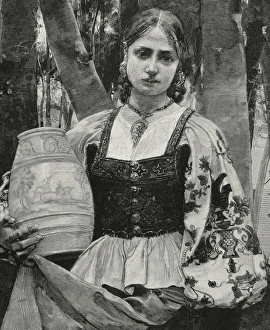 Pitcher Collection: Spain. Asturias. Girl with traditional costume. Engraving