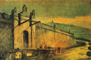 Spain. Barcelona. Gate of the walls. Drawing by G. Mosteyrin