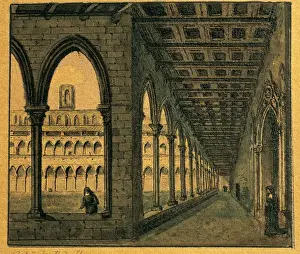 Spain. Barcelona. Monastery of Pedralbes. Cloister. Drawing