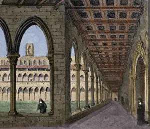 Spain. Barcelona. Monastery of Pedralbes. Cloister. Drawing