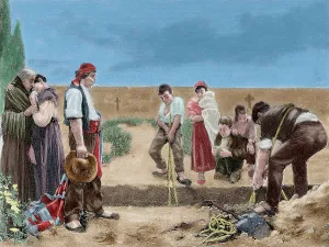 Mourner Prints: Spain. Burial. Engraving. Colored