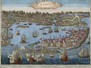 Andalusian Collection: Spain. Cadiz. City and port. Engraving. 17th century. Colore