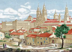 Cityscape Collection: Spain. Galicia. Santiago de Compostela. Engraving