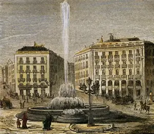 Puerta Prints: Spain. Madrid. Puerta del Sol in early 1872. Colored