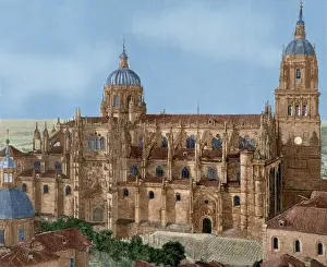 Castile Prints: Spain. New Cathedral of Salamanca. Engraving. Colored