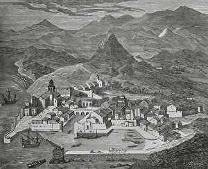 Castilla La Prints: Spain, Santander. View of the city in the 17th century