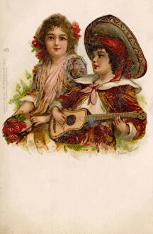 Spanish Children sing and play music - kitsch postcard