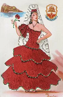 Spanish lady in red dress on greetings card, Gibraltar