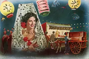 Fireworks Prints: Spanish scene with lady, lanterns, cafe and street musician