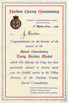 Images Dated 11th September 2018: Special Constabulary Long Service Medal Certificate, 1944