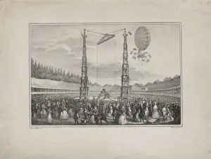 Propellers Prints: Spectators in an arena viewing the ascension of a balloon dr