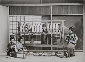 Spinning silk threads, Japan