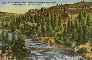 Spokane River with Suspension Foot Bridge, Down River Park, Spokane, Washington State, USA Date: circa 1940