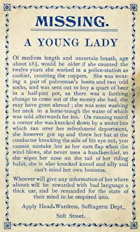Spoof Prints: Spoof missing notice, anti-suffrage satire