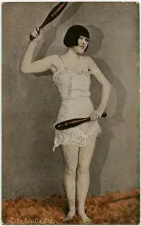 Nightdress Prints: Sporty American Girl holding two exercise clubs