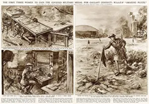 Spread from The Illustrated London News with sketches by Bryan de Grineau showing scenes of heroism by the first three women, all members of the W.A.A.F who were awarded the Military Medal - Sergeant Joan Mortimer