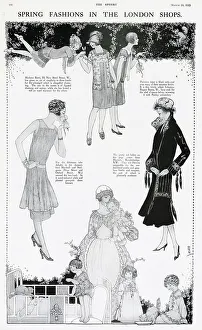 The spring fashion for 1925 women and girls. School girl was simplified. The one in the centre is of figured shantung and santoy, while she has levied a toll on wool marocain for the others. A Parisian black satin coat is worn on a the other woman