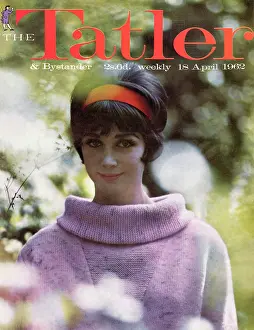 Springtime Prints: A spring like cover for The Tatler in April 1962 featuring a model wearing a hair band an and a boat neck lilac sweater