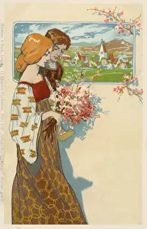 Springtime - a young German couple with a picture of a small rural town in the background