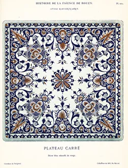 Earthenware Prints: Square platter in blue and red, festoon style, Rouen