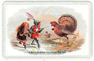 Turkeys Prints: St George and a turkey on a Christmas card