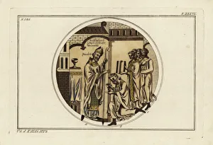 St. Guthlac is ordained by Bishop Headda of Lichfield St. Guthlac is ordained by Bishop Headda of Lichfield
