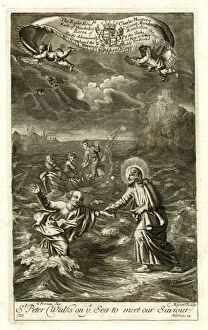 St Peter walks on the sea towards Jesus