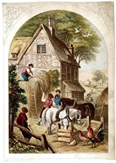 Farmhouse Prints: Stacking hay in a farmyard