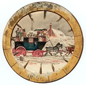 Stagecoach and horses on a circular Christmas card