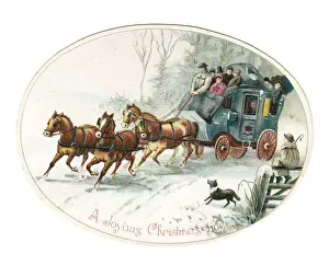 Stagecoach and horses on an oval Christmas card