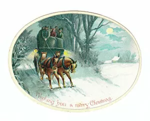 Images Dated 9th December 2015: Stagecoach and horses on an oval Christmas card